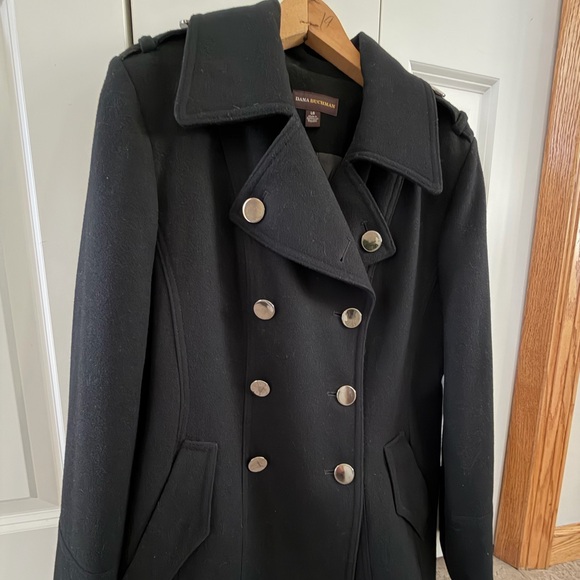 Dana Buchman Black Wool Blend Double-Breasted Pea Coat, Sz L - Picture 8 of 12